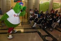 The Phillie Phanatic gets students pumped up for Summer Reading during Summer Reading Kickoff at Parkway Central Library